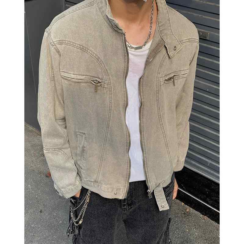 メンズ レディース ジャケット 立襟 デニム グレー 短丈 ジッパー ロングスリーブ 直裾 サイドポケット 風防 耐摩耗 ポリエステル ゆったりシルエット クラシック ストリート 秋 春 ユニセックス コート トップス 厚手 無地 長袖 防風 日常使い カ