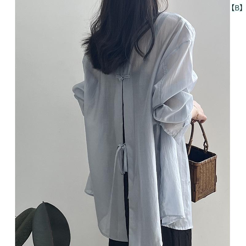シャツ レディース 春夏 薄手 チャイナ風 接触冷感 UVカット 長袖 トップス ブラウス ミドル丈 ゆったり ブルー ホワイト orange-island-10964893 オレンジアイランド サンプル画像2