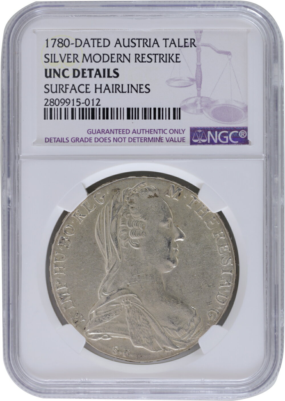 オーストリア 1780リストライク テーラー銀貨 NGC Unc details 銀833 未使用