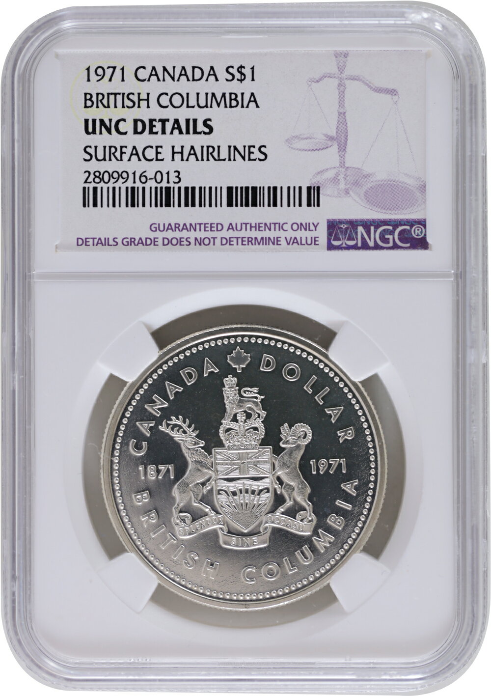 カナダ 1971 1ドル銀貨 NGC Unc details 銀品位500 径36mm 23.3276g 未使用