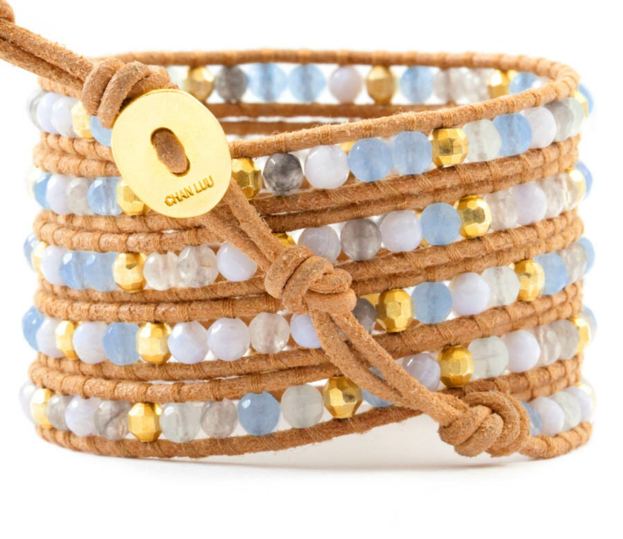 チャンルー CHAN LUU ブルーレースアゲート×ペリウィンクル×ゴールドミックス5連レザーラップブレスレット