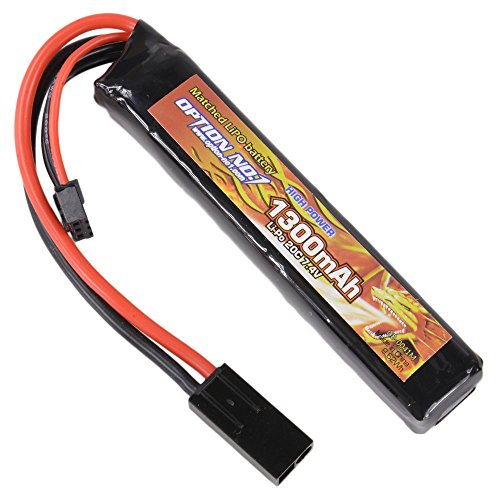 ◆商品名：OPTION No.1 HIGH POWER LiPo7.4V 1300mAh GB-0041M 縦18×横92×厚み16mm 電池種別 :リチウムポリマー 商品紹介コネクター形状:ミニタイプ。 適合:ストックインサイズ。 ご注意（免責）＞必ずお読みくださいリポバッテリーは、取扱いを誤ると重大な事故を発生する可能性がございますので ご使用になる前に必ずこの取扱い説明書をお読み下さい。 ●使用上の注意 耐火性素材使用のリポ・セーフティバッグ等を充電・保管・移動の際には必ずご使用ください。 Li-Po/Li-Fe/Li-HV/Ni-MH・セル数など充電器の設定を確認の上、充電を行ってください。 強い衝撃を加えないでください。 充電は、必ず、目の届く所で行ってください。充電中は、その場から離れないでください。 充電を可燃物の近くで行わないでください。 電動ガン以外に使用しないでください。分解しないで下さい。 火の中や高温にバッテリーを絶対にさらさないでください。 電動ガンで使用している時にパワーの低下を感じたら、ただちに使用を中止してください。 パワーが低下した状態で使用し続けるとバッテリーが過放電状態になり、大変危険です。 バッテリーが異音、発熱、液漏れ、膨張などの異常に気づきましたら、ただちに使用を中止してください。 3.2V以下で使用しないでください。 バッテリーに高い負荷の掛かるカスタム（改造）ガン等には使用しないでください。 コネクター交換などの改造を行っ場合、当社は一切の責任を負いかねます。 ●放電にご注意下さい。 自然放電が少ないので使用後の放電は、特に必要ありません。 過充放電したバッテリーは、内部で化学反応が起こることがあり 数日かけて内部ショートして発火するというリスクがあります。 また過放電後の再充電は、大変危険ですのでおやめ下さい。 ●バッテリーの保管について 小さなお子様や乳児の手の届かないところに保管して下さい。 バッテリーを使用しないときは、必ず電動ガン本体から取り外して保管してください。 バッテリーは、摂氏5℃~40℃の範囲で不燃性の容器やセーフティバッグなどに入れて保管してください。 水や海水などにつけたり濡らしたりしないでください。高温多湿状態で保管しないでください。 長期保存の場合は、30%−80%程度の電力を残した状態で保管してください。 ●廃棄の方法 電球や抵抗などを使用して残量が0Vとなるまで完全に放電させてください。 完全放電後は、燃えないごみとなりますが、実際の廃棄にあたっては、各自治体へご確認ください。