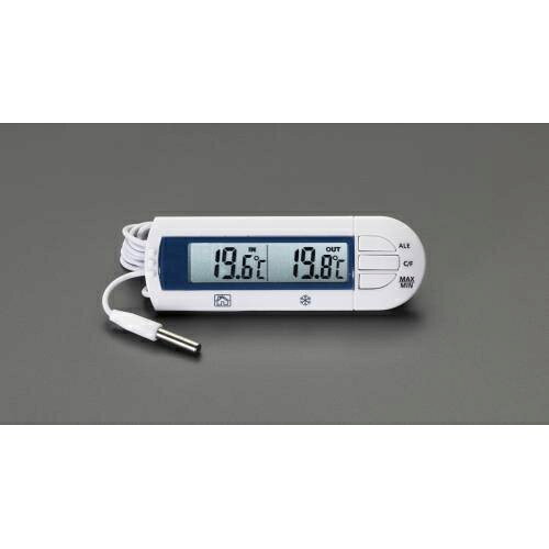仕様：●測定範囲:外部センサー:-50°C~+70°C内部センサー:-20°C~+70°C●電源:アルカリボタン電池(1.5V LR44)×1個(付属)●精度:±1°C●ディスプレイ解像度:0.1°C●サイズ:115(W)×20(D)×40(H)mm●コード長:2m●裏面マグネット付●最高最低温度記録機能●温度アラーム設定(2モード)●内部センサーは本体の裏側、外部センサーはプローブの先にあります。●※付属電池はテスト電池ですので新しい電池をご購入下さい。商品画像に関する注意事項：●画像に数字等の情報が入っている場合は、　品番末尾が対象商品の画像となります。