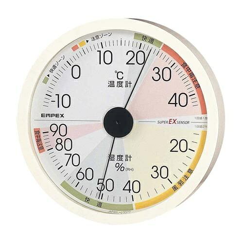 仕様：●メーカー:エンペックス気象計(EMPEX)●型番:EX-2821●測定範囲:温度:-13~43°C湿度:16~90%RH●タイプ:掛け●サイズ:φ120×27mm●重量:150g●精度:温度:±1°C(0~40°C)湿度:±2%RH(35~75%RH常温)●電源:不要●適湿:40%~65%RH(参考)●日本製●樹脂製●高精度タイプ●電池不要で計測●場所を選ばないベーシックな丸形●高精度・高品位のスーパーEXセンサ●シンプルで見やすい高精度目盛り●暮らしの快適・健康をチェックできるゾーン表示●置き場所を自由に選べる設置方法●厳格な加工技術にこだわり、一つ一つ丹念な手作業により岩手県奥州市水沢で造り上げた日本製センサを搭載しています。●温度計:バイメタルEX温度センサ湿度計:バイマテリアルEX湿度センサ●円形の目盛上段が温度計、下段が湿度計となっております。●※バイメタル式(熱膨張を利用した方式)の為、電源は不要です。(詳しくはPDF資料をご参照ください)商品画像に関する注意事項：●画像に数字等の情報が入っている場合は、　品番末尾が対象商品の画像となります。