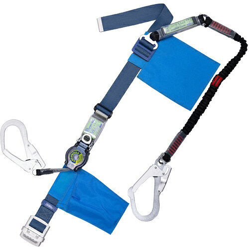 TSUYORON ( 藤井電工 ) 胴ベルト型墜落制止用器具(巻取タイプ)ランヤード2丁掛け仕様 ロック機構付きロックリトラ+伸縮式ノビロン(BK)紺 Sサイズ 幅50MM×長さ1100MM ( TB2LRL593NV5931BL2BKSJANBP ) 