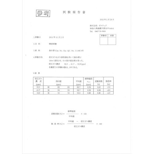 GASTEC ( ガステック ) 試験成績書【対象:酸素濃度計】 ( R11-1 ) 【メーカー取寄】