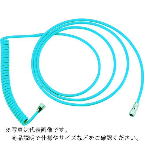 特長：柔軟性・弾力性・耐油性・耐摩耗性・耐熱性・操作性などに優れています。ポリウレタン樹脂の特性を生かしたウレタンエアホースです。仕様：色：青外径(mm)：8内径(mm)：5使用範囲(m)：2.9全長(mm)：1900コイル径(mm)：28コイル長(mm)：300使用流体：空気ホース内径×外径(mm)：5×8使用温度範囲：-5〜60℃使用圧力：0.8MPa接続継手：G1/4ユニバーサルめねじ、G1/4めねじ付角出し方向：L型/ストレート型流体温度:-5〜60℃材質／仕上：ポリウレタン注意：接続金具が衝撃を受けたり、何かに引っかかる様な場所(床の段差や縞鋼板の継ぎ目など)での使用はしないでください。｢接続金具が飛び抜ける｣といった思わぬ事故の原因となります。接続金具は、金具を手で保持した状態で分離してください。接続金具は、接続後は両側から軽く引き、金具どうしが抜けないことを確認してください。提供不可：SDS、ミルシート　●代表画像について 商品によっては、代表画像を使用している場合がございます。 商品のカラー、サイズなどが異なる商品をイメージ画像として 使用させて頂いている場合がございます。 必ず、商品の品番と仕様をご確認のうえ、ご注文お願いいたいます。 　●北海道・沖縄・離島・一部地域の送料について 別途追加で送料がかかる場合がございます。 送料がかかる場合は、メールにて送料をご連絡させて頂き、 お客様にご了承頂いてからの手配となります。 　●お買上げ明細書の廃止について 当店では、個人情報保護と環境保護の観点から同封を廃止しております。 お買上げ明細書が必要な場合は、備考欄に「お買上げ明細必要」と 記載お願いいたします。 当店からの出荷の場合は、同封にて発送させて頂きます。 （※メーカー直送の場合は、PDFデータをメールさせて頂きます。） 　注意事項 ※商品名に【2個セット】等、数量の明記がない場合は1個での販売となります。