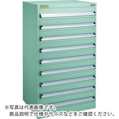 特長：セーフティロック機構付のため引き出しを1段開けていると安全機構が働き、他の引き出しは全てロックされ開きません。オールロック式のため1度に全ての引き出しがロックできます。ラッチ機構付のため振動があった場合でも、引出しが飛び出し転倒することを防ぎます。仕様：間口(mm)：700奥行(mm)：550高さ(mm)：1200最大積載量(kg/台)：900均等積載量(kg/段)：100本体色：グリーン引出し：H120 9個引出し(段)：9かぎ：2枚オールロック機構有無：有りシリンダ錠付(鍵2枚付)セーフティーロック機構材質／仕上：スチール(メラミン焼付塗装)セット内容／付属品：引き出し1段につき：パーテーション2枚、デバイダー6枚、見出しカード1枚注意：車上渡しのため、お客様での荷降ろしが必要です。キャビネット用ベース使用時、最大積載量は異なります。　●メーカー取寄商品について 本商品はメーカーからの取寄商品となります。 納期は、メーカー確認後、メールでご連絡させて頂きます。 在庫状況、生産状況によっては、かなり納期がかかる場合もございます。 　※お急ぎの場合は、ご注文前の納期確認も承りますので、　　お気軽にお問い合わせください。 　●代表画像について 商品によっては、代表画像を使用している場合がございます。 商品のカラー、サイズなどが異なる商品をイメージ画像として 使用させて頂いている場合がございます。 必ず、商品の品番と仕様をご確認のうえ、ご注文お願いいたいます。 　●北海道・沖縄・離島・一部地域の送料について 別途追加で送料がかかる場合がございます。 送料がかかる場合は、メールにて送料をご連絡させて頂き、 お客様にご了承頂いてからの手配となります。 　●お買上げ明細書の廃止について 当店では、個人情報保護と環境保護の観点から同封を廃止しております。 お買上げ明細書が必要な場合は、備考欄に「お買上げ明細必要」と 記載お願いいたします。 当店からの出荷の場合は、同封にて発送させて頂きます。 （※メーカー直送の場合は、PDFデータをメールさせて頂きます。）