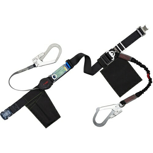 TSUYORON ( 藤井電工 ) 胴ベルト型墜落制止用器具(巻取タイプ)補助ロープ2丁掛け仕様 ロック機構付きワンハンド+伸縮式補助ロープ 黒 幅50MM×長さ1600MM 130KG対応型 ( TBORL2OT593NVBLKBKLL(130KG)JANBP ) 
