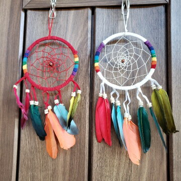 ドリームキャッチャー レザー ラスタ レインボー 丸型 フェザー アジアン雑貨 魔除け お守り エスニック