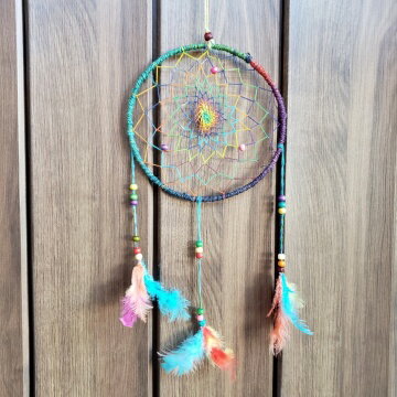ドリームキャッチャー 丸型 レインボーカラー ヘンプ 麻 アジアン雑貨 魔除け お守り ネパール エスニック