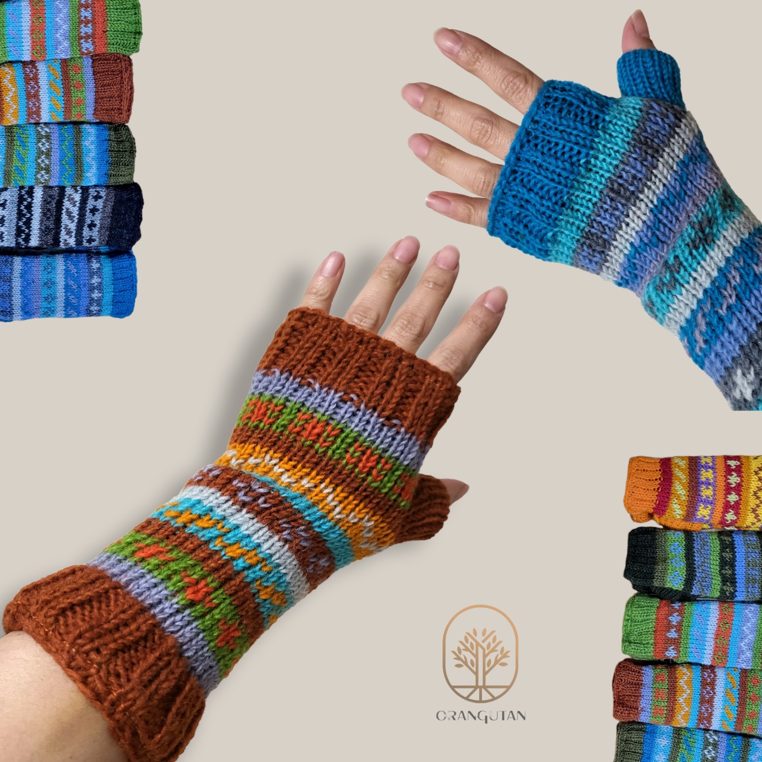 フェアアイル　手袋　グローブ　ウール100%　指なし手袋　保温アイテム　ネパール手袋　山ガール森ガール　アジアン　エスニック　裏地あり　フリース