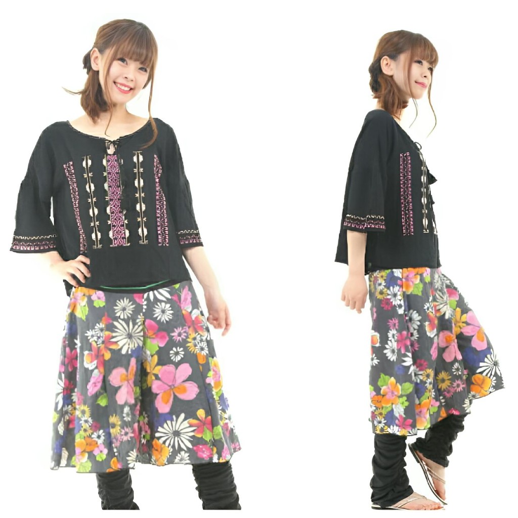 10000837　レトロフラワー　No63　キュロットパンツ　ワイドハーフパンツ　花柄フレアー　アジアンファッション　エスニック — vista 2