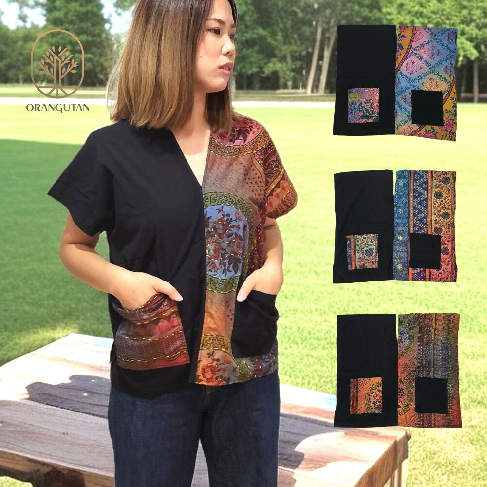 10001998　トップス 　プルオーバー 　刺繍 Vネック 　和柄 花柄 ボタニカル コットン 半袖 プルオーバ..