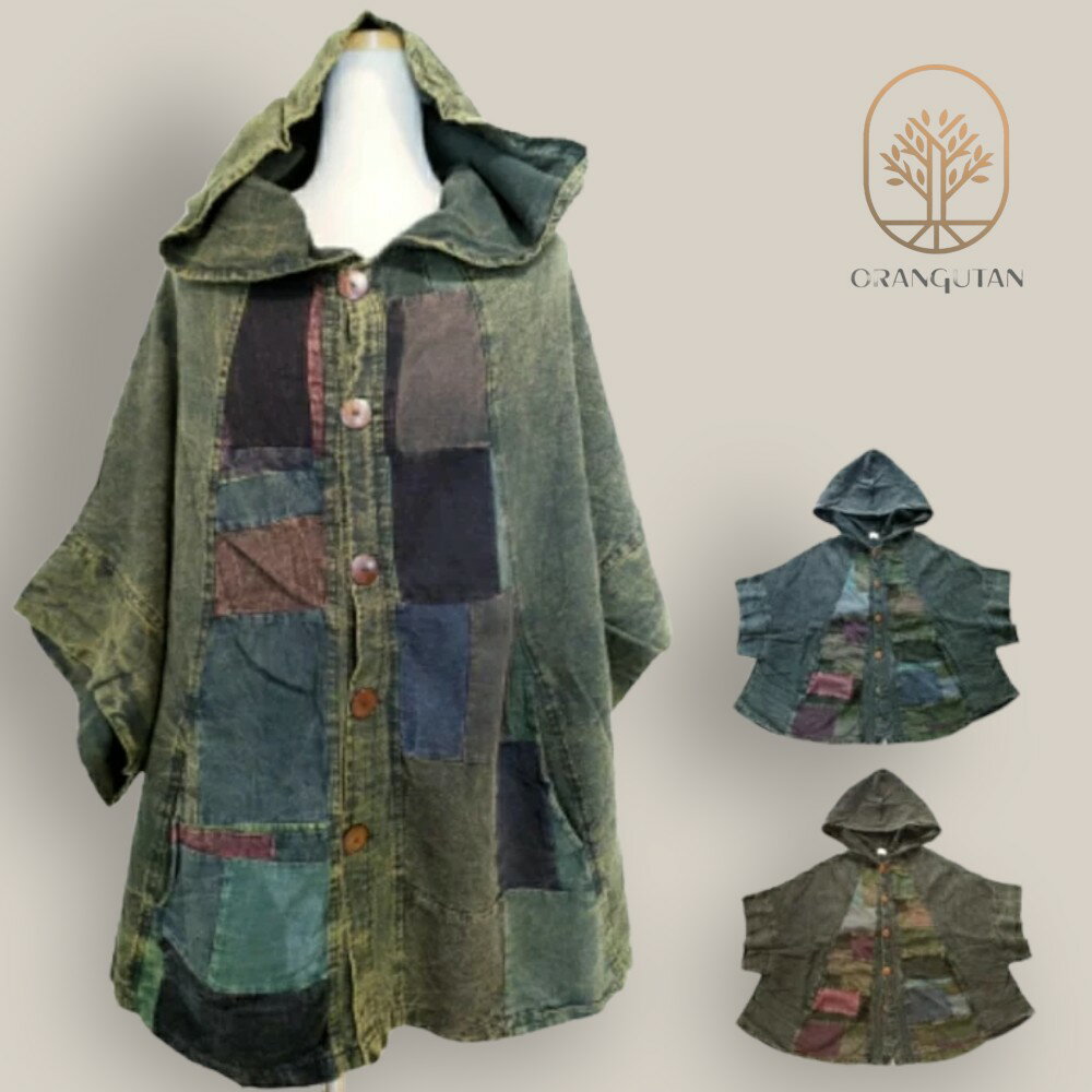 10002088　ドルマンジャケット　ストーンウォッシュ　パッチワーク　フードジャケット　コクーン　アジ..