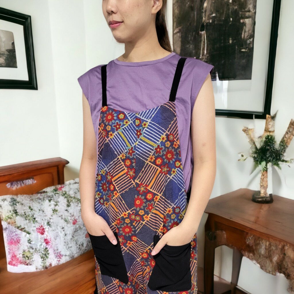 10001066　サロペット　ボタニカル　花柄　ステッチ刺繍　7分丈　オーバーオール　アジアンファッション　エスニック　カバーオール