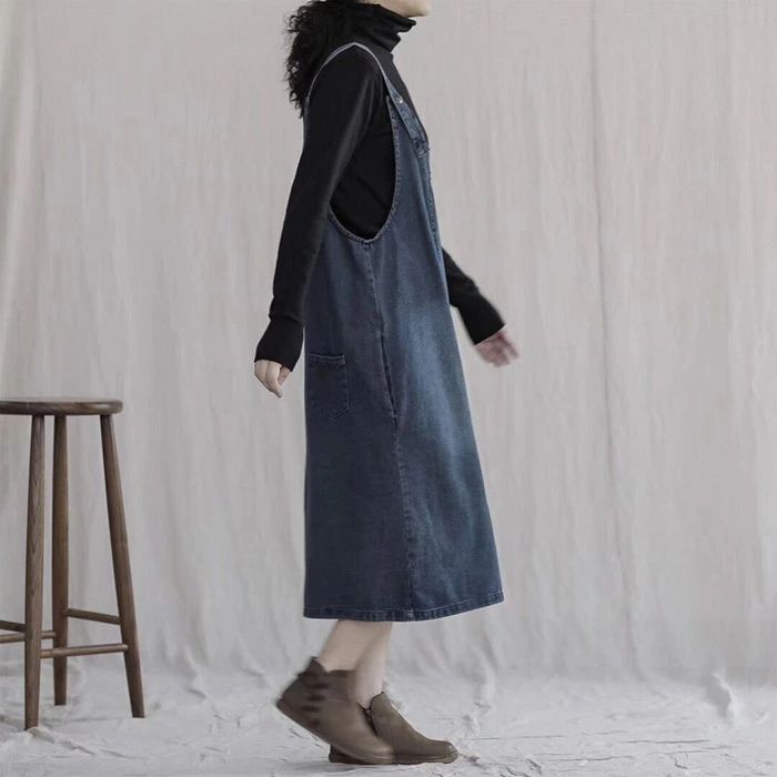【送料無料】サロペット デニム ジャンパースカート ワンピース オーバーオール ワンピ オールインワン スカート ジャンスカ ユーズド加工 ウォッシュ加工 ゆったり ミモレ丈 大人女子 カジュアル 大人 可愛い オールシーズン 春 秋 冬