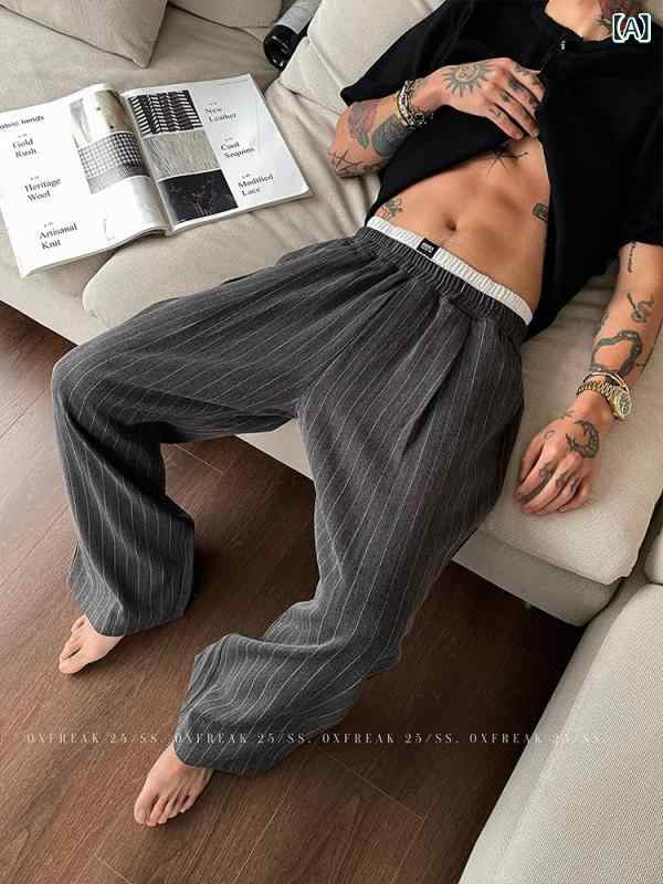 カジュアルパンツ メンズ ゆったり ストレート ワイドパンツ ダブルウエスト 配色ストライプ柄 アメカジ ワークテイスト ポリエステル素材 ストレッチ 夏物