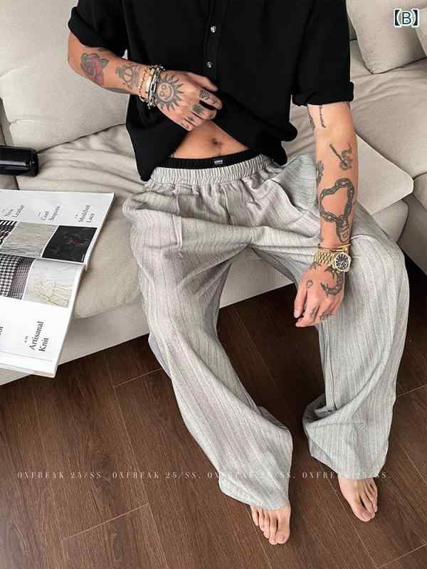 カジュアルパンツ メンズ ゆったり ストレート ワイドパンツ ダブルウエスト 配色ストライプ柄 アメカジ ワークテイスト ポリエステル素材 ストレッチ 夏物