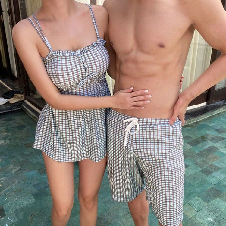ペア水着 カップル水着 お揃い ペアルック リンクコーデ 水着 レディース スカート 体型カバー サーフパンツ メンズ ビーチパンツ 短パン ハーフパンツ チェック 格子柄 沖 旅行 夏