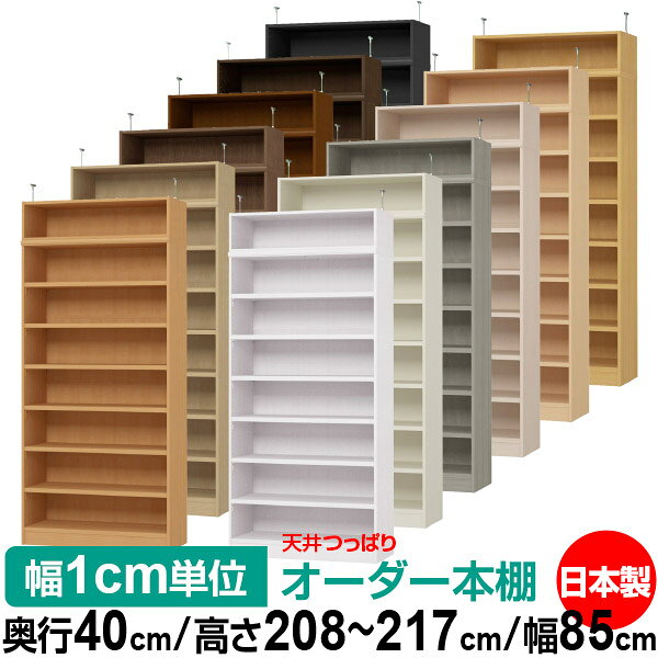 固定棚のない全棚板可動のフルオープン構造 本棚 A4ファイル、雑誌、書籍の大量収納に最適　棚板は耐荷重性に優れたタフタイプ　当店独自の全棚板移動1.5cmピッチと幅木カットが選べます　低ホルムアルデヒド　F★★★★天井つっぱり上置棚サイズ奥行38.5cm×高さ23.0cm×幅85cm材　質本体・プリント紙化粧繊維板突っ張り金具・スチール塗　装ウレタン樹脂塗装本体：オーダーマルチラックサイズ奥行40cm×高さ178cm×幅85cm材　質プリント紙化粧繊維板塗　装ウレタン樹脂塗装棚　板厚さ25mm可動固定棚6枚棚　板耐荷重左の耐荷重基準値表を参照棚　板奥行36.8cm奥行40cm×高さ208〜217cm×幅85cm