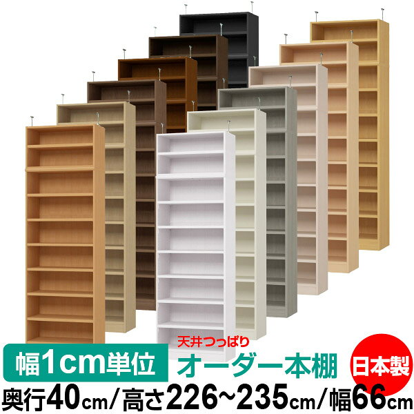 固定棚のない全棚板可動のフルオープン構造 本棚 A4ファイル、雑誌、書籍の大量収納に最適　棚板は耐荷重性に優れたタフタイプ　当店独自の全棚板移動1.5cmピッチと幅木カットが選べます　低ホルムアルデヒド　F★★★★天井つっぱり上置棚サイズ奥行38.5cm×高さ41cm×幅66cm材　質本体・プリント紙化粧繊維板突っ張り金具・スチール塗　装ウレタン樹脂塗装本体：オーダーマルチラックサイズ奥行40cm×高さ178cm×幅66cm材　質プリント紙化粧繊維板塗　装ウレタン樹脂塗装棚　板厚さ25mm可動固定棚6枚棚　板耐荷重左の耐荷重基準値表を参照棚　板奥行36.8cm奥行40cm×高さ226〜235cm×幅66cm