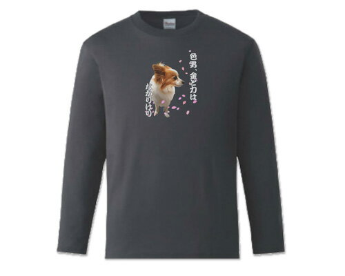 おもしろ Tシャツ パピヨン 犬柄 長袖Tシャツ ブラック メンズ レディース グッズ プレゼント S/M/L/XL「色男、金と力はなかりけり」