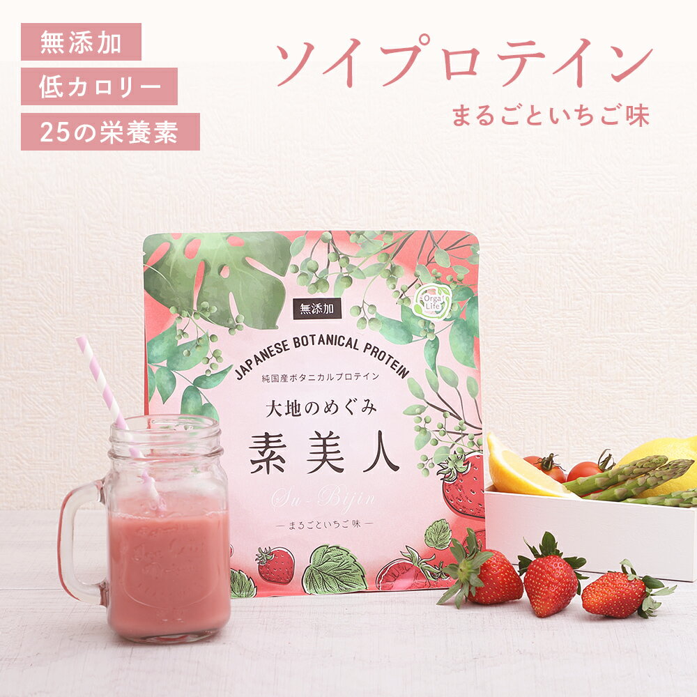 ソイプロテイン まるごといちご味 大地のめぐみ素美人 250g 純国産 完全食 食品添加物 無添加 一日一回 オーガニック 女性 の為のスーパーフード タンパク質 たんぱく質 低糖質 おからパウダー 大豆 食物繊維 オリゴ糖 ミネラル カルシウム 送料無料のサムネイル