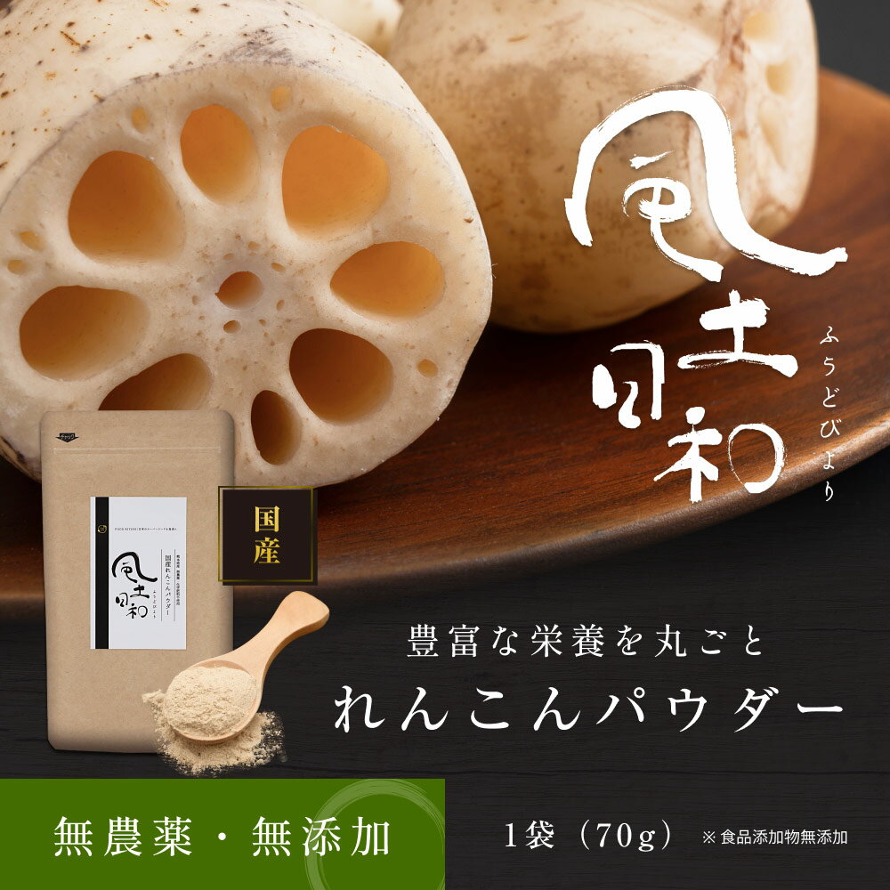 れんこんパウダー 風土日和 70g 1袋 国産 レンコンパウダー ポリフェノール 含有 無農薬 粉末レシピ 離乳食 ヨーグルト スイーツ 食物繊維 タンニン れんこん 蓮根パウダー 在来種 野菜パウダー レンコン粉 熊本県産 化学肥料不使用 送料無料