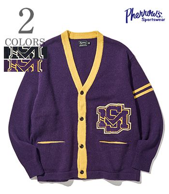 PHERROW'S フェローズ サガラ刺繍|バイカラー|レタードカーディガン『BICOLOR LETTERED CARDIGAN』【アメカジ・カレッジ】23W-PLC1