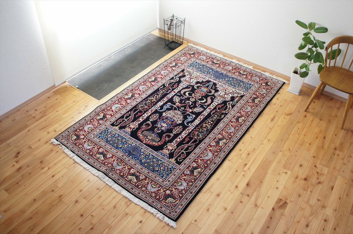 ペルシャ絨毯 【本物イラン産】 カシャン産 ブラック 黒 糸杉柄 220×140cm ペルシャじゅうたん 手織り ペルシャ 絨毯 じゅうたん 長方形 ラグ 厚み 華やか おしゃれ リビング 部屋 豪華 高級 メフラブ 伝統工芸品 インテリア PS8281