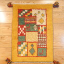 ペルシャ ギャッベ 本場イラン産 61x44cm 厚み 2.04cm イエロー 黄色 山吹色 オレンジ パネル ヤギ 生命の木 ミニマット 玄関マット ラグ ギャベ ウール100% 遊牧民 シラーズ カシュガイ族 天然素材 草木染め 手織り 絨毯 オールシーズン NN19969