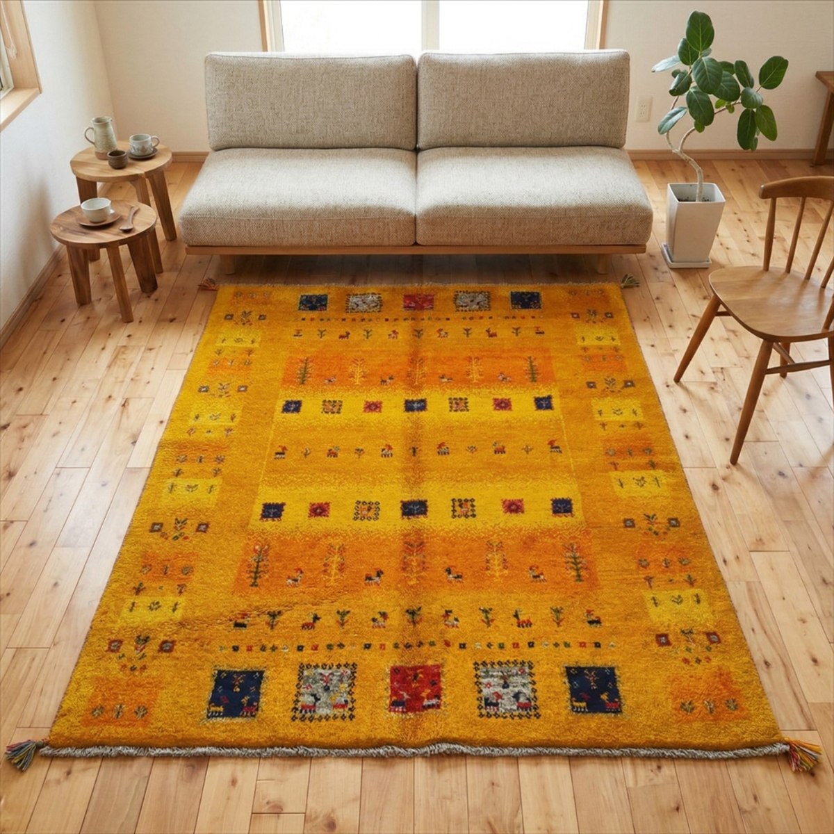 Rakuten - ぺルシャ ギャッベ 本場イラン産 ラグ 197x150cm 厚み 2.20cm 黄色 イエロー パネル グラデーション ギャベ ウール100% 遊牧民 シラーズ カシュガイ族 天然素材 草木染め 手織り 約1.5畳 ソファ前 RJ10049