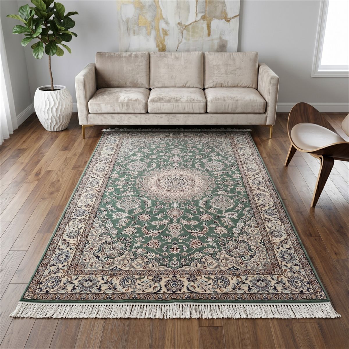 ペルシャ絨毯 ナイン産 9LA 213×134cm 手織り ウール シルク ノーラ 本物イラン産 センターラグ リビング メダリオン アラベスク 唐草 植物文様 グリーン 緑 アイボリー 高級 敷物 上品 華やか TR2014 orientalrugfactory-10003551 オリエンタルラグファクトリー サンプル画像3