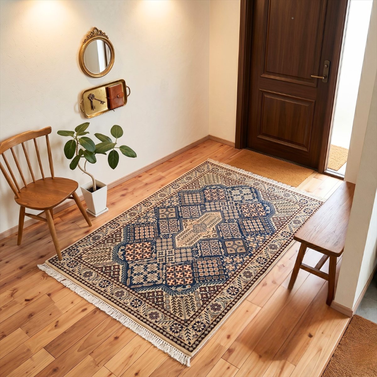 Rakuten - ペルシャ絨毯 【本物イラン産】 ナイン産 9LA 130×90cm ジョーシャガン柄 玄関マット アクセントラグ 手織り ウール シルク 幾何学文様 ネイビー アイボリー メダリオン 高級 おしゃれ 敷物 5大産地 TR2055
