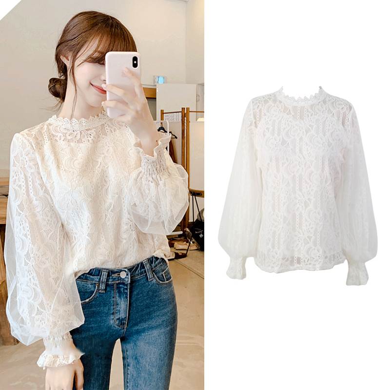 シャツ セットアップ レディース レース 長袖 カーディガン バルーン袖 S M L XL キャメル ホワイト 春 夏 休日 デート お出かけ 旅行 女子会 通勤 通学 OL 大学生 ママ 大人 きれいめ かわいい カジュアル お洒落 着痩せ 細見え 着回し シースルー 韓国 オルチャン
