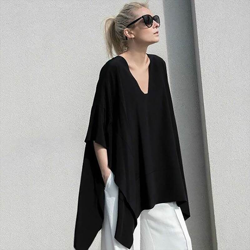 Plain - Tシャツ レディース 半袖 Vネック 袖あり 五分袖 ドレープ 大きいサイズ 2XL 3XL 4XL 5XL 黒 無地 春 夏 通学 デート お出かけ 女子会 旅行 休日 着回し 普段使い 通勤 1代 2代 3代 学生 大人 ママ OL シンプル カジュアル おしゃれ 可愛い こな 韓国 オルチャン