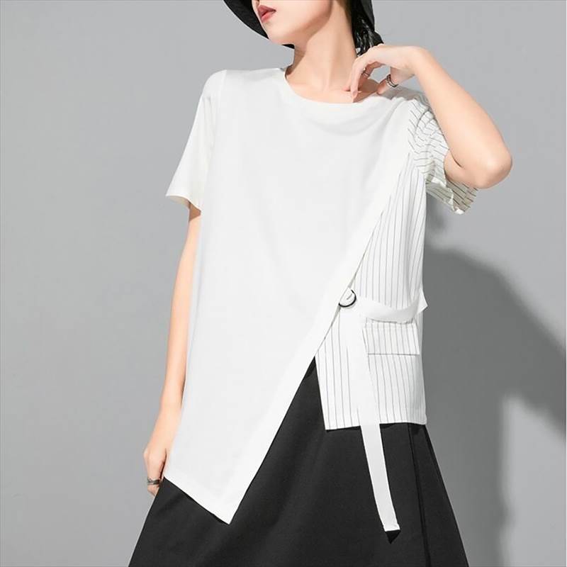 Rakuten - レディース トップス Tシャツ 人気 通販 オーバーサイズ ラウンドネック クルーネック 半袖 アシンメトリー 個性的 無地 ストライプ ゆったり ルーズ 大人 可愛い カジュアル フェミニン シンプル クール ストリート マニッシュ お出かけ デイリー 春 夏 秋 1代 2代 3代