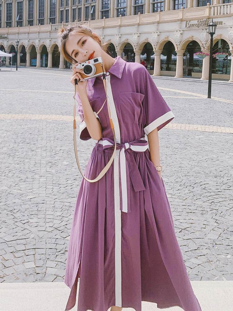 レディース ワンピース マキシ丈 シャツワンピ 半袖 バイカラー ロング 個性的 襟付き 袖あり ボタン ..