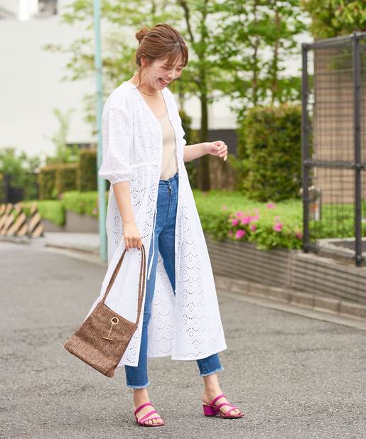 レディース ロング カーディガン ワンピース 透かし編み パンチング レース 刺しゅう 半袖 5分袖 パフ..