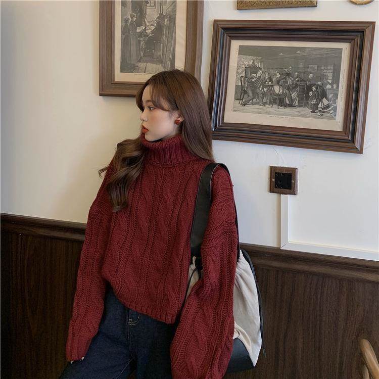 乐天商城 - トップス ゆるかわ ケーブル編み ニットセーター 4色 華奢見えニット ボリューム袖 タートルネック ショート丈 プルオーバー ゆったり セーター 韓国 オルチャン 大人可愛い 可愛い かわいい 通勤 通学 学生 普段着 着回し お出かけ デート 秋 冬 S M L XL ベージュアプリコ