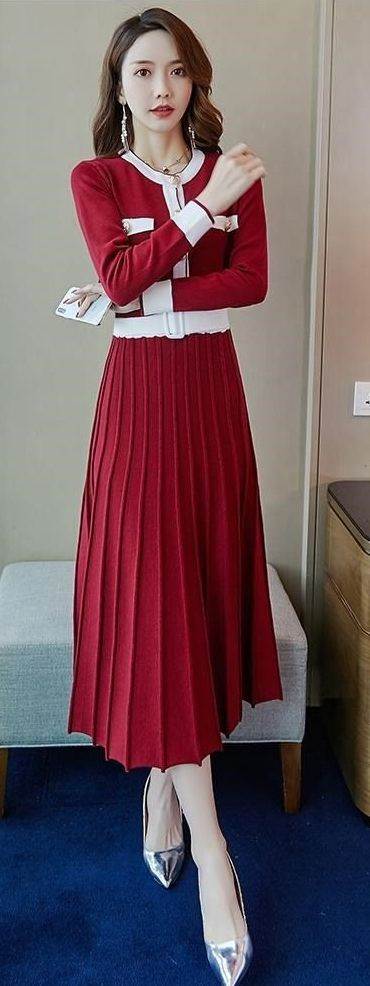 レディース ワンピース バイカラー 配色 プリーツ 膝下 ミディ丈 ミモレ丈 飾りボタン ベルト付き ウエストマーク ラウンドネック Aラ..