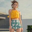 レディース 水着 タンキニ ホルターネック タンクトップ ビスチェ ハイウエスト パンツ 2点セット 上下セット ツーピース 花柄 レース フラワー 柄 透け感 フレア 細見え 着痩せ パッド付き ワイヤーあり 体型カバー スイムウェア 華やか 大人可愛い か 韓国 オルチャン