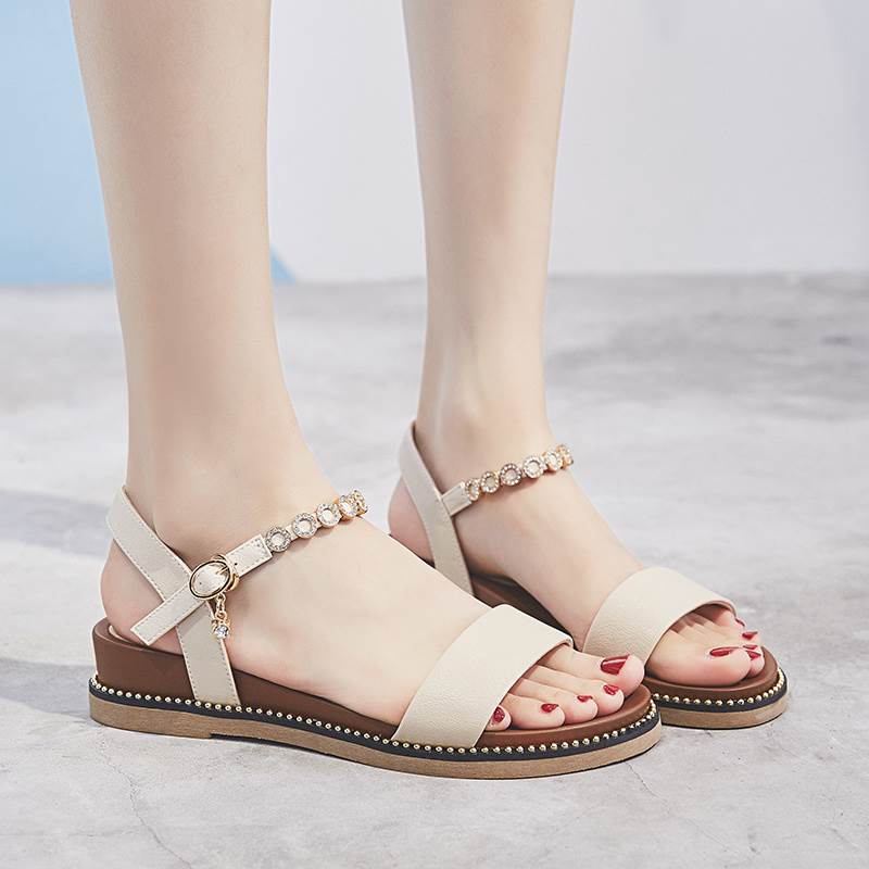 乐天商城 - サンダル レディース ローヒール PU ラインストーン ビジュー 3タイプ オープントゥ 3.5cmヒール キラキラ シンプル 無地 アンクル ストラップ 美脚 4色展開 履きやすい 歩きやすい お洒落 大人 可愛い 黒 ベージュ 25センチ 夏 通勤 通学 学生 お出かけ 韓国 オルチャン