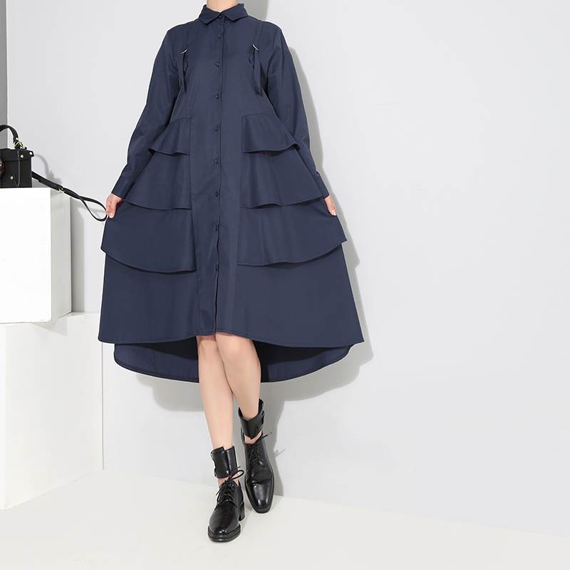 シャツワンピース ドレス スカート ひざ丈 前後ヘム 襟付き 長袖 レディース かわいい 大人可愛い きれいめ 上品 こなれ感 シンプル カジュアル 主役級 存在感 個性的 韓国 オルチャン デート お出かけ シャツワンピース Aライン フレア フリル ティアード ボタン