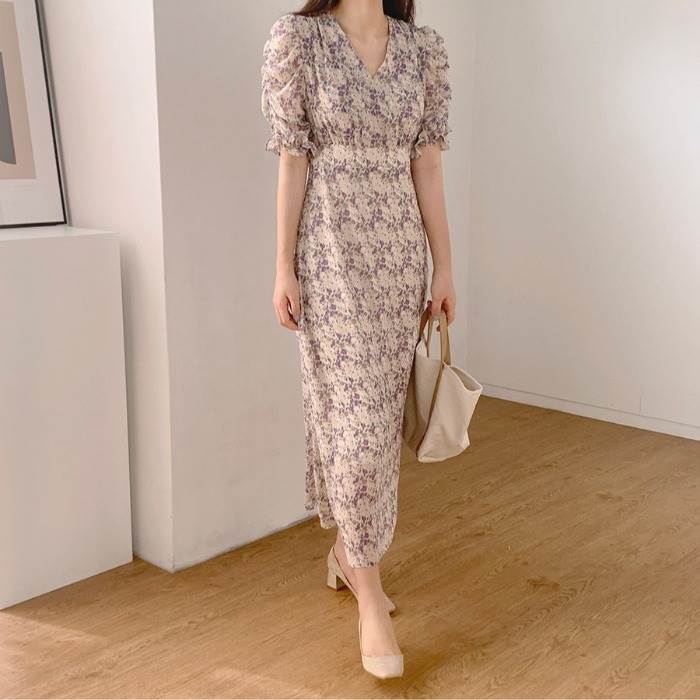 乐天商城 - ワンピース ドレス スカート ロング丈 ミモレ丈 ウエストマーク 半袖 5分袖 レディース かわいい 大人可愛い きれいめ 上品 こなれ感 シンプル カジュアル 主役級 存在感 個性的 韓国 オルチャン デート お出かけ ワンピース Iライン ノーカラー Vネック 薄手
