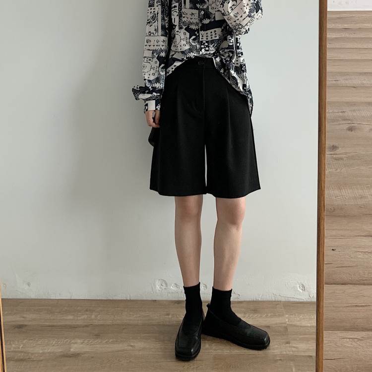 Nylon, Rayon, Polyester - ショートパンツ ボトムス ハーフパンツ ハイウエスト ポケット レディース かわいい 大人可愛い きれいめ 上品 こなれ感 シンプル カジュアル 主役級 存在感 個性的 韓国 オルチャン デート お出かけショートパンツ ワイド ボタン ジッパー ファスナー タック モテ