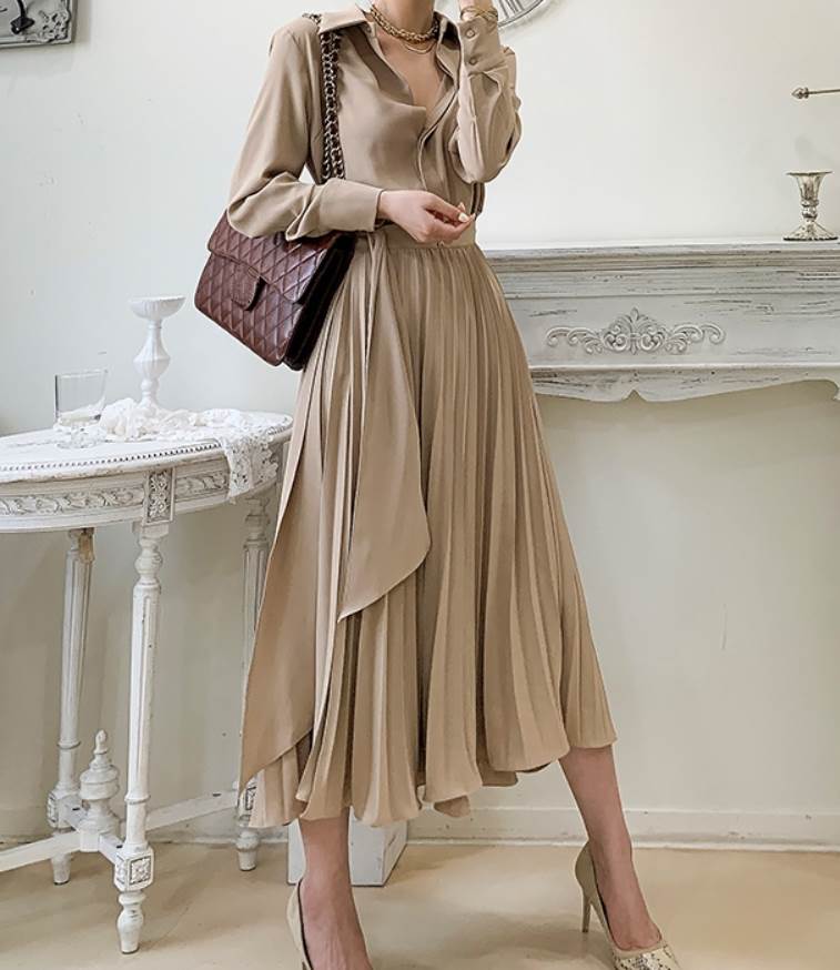 レディース ワンピース シャツワンピース ロング丈 袖あり 長袖 襟付き Aライン プリーツ リボン ウエストマーク ウエストリボン 切り替えデザイン ハイウエスト 前開き 薄手 かわいい 大人可愛い きれいめ ワンピース シンプル カジュアル 上品 おしゃれ 個性的 送料無料