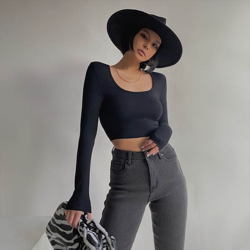 素色 - トップス Tシャツ レディース ボトムスシャツ インナー 長袖 Uネック 伸縮性 タイト ラウンドネック スリムフィット セクシー 大人可愛い きれいめ シンプル カジュアル 大人 上品 おしゃれ お洒落 かっこいい レトロ こなれ感 ラフ メ 韓国 オルチャン