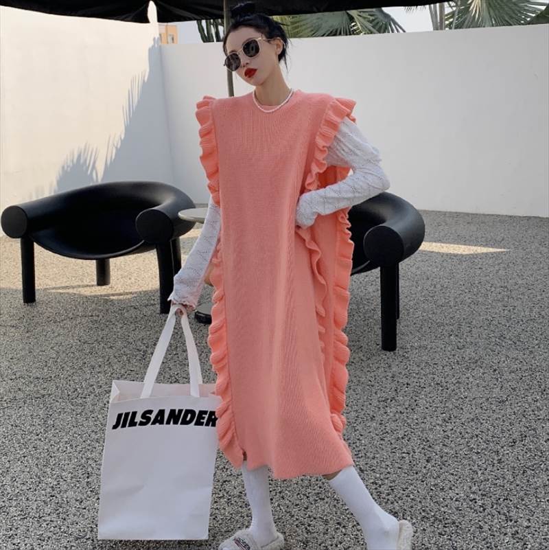 ワンピース ニット ロングスカート ニットスカート ロング丈 袖なし ノースリーブ ラウンドネック ストレート フリル かわいい 大人可..